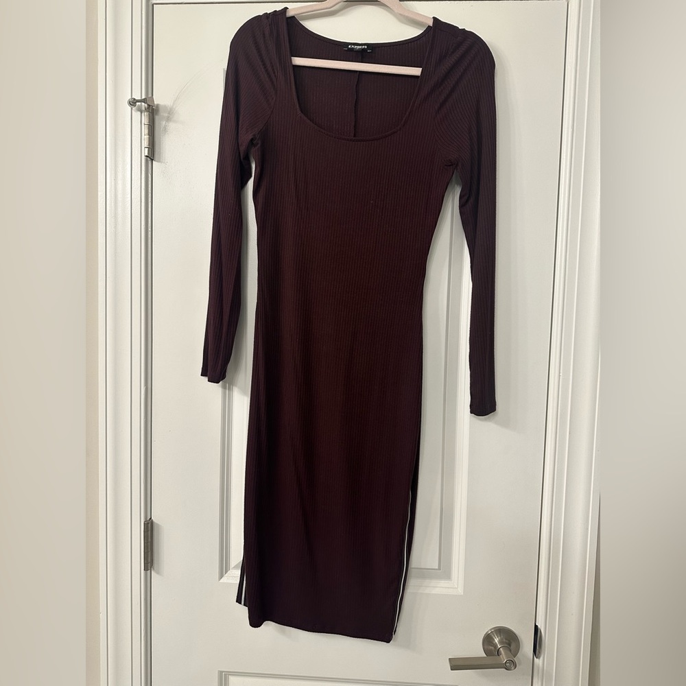 Express Maroon Ribbed Side Stripe Square Neck Sheath Dress, Size Small